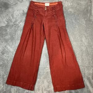 Anthropologie Elevenses Wide Leg Linen Pants Womens 6 Red Boho Festival Hippie